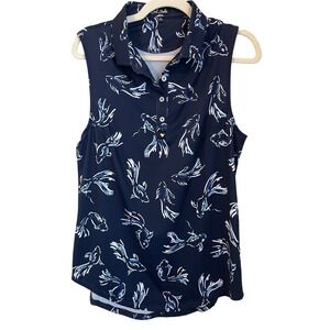 Bad Birdie Womens XL Sleeveless Golf Performance Polo top Navy Blue Koi Fish
